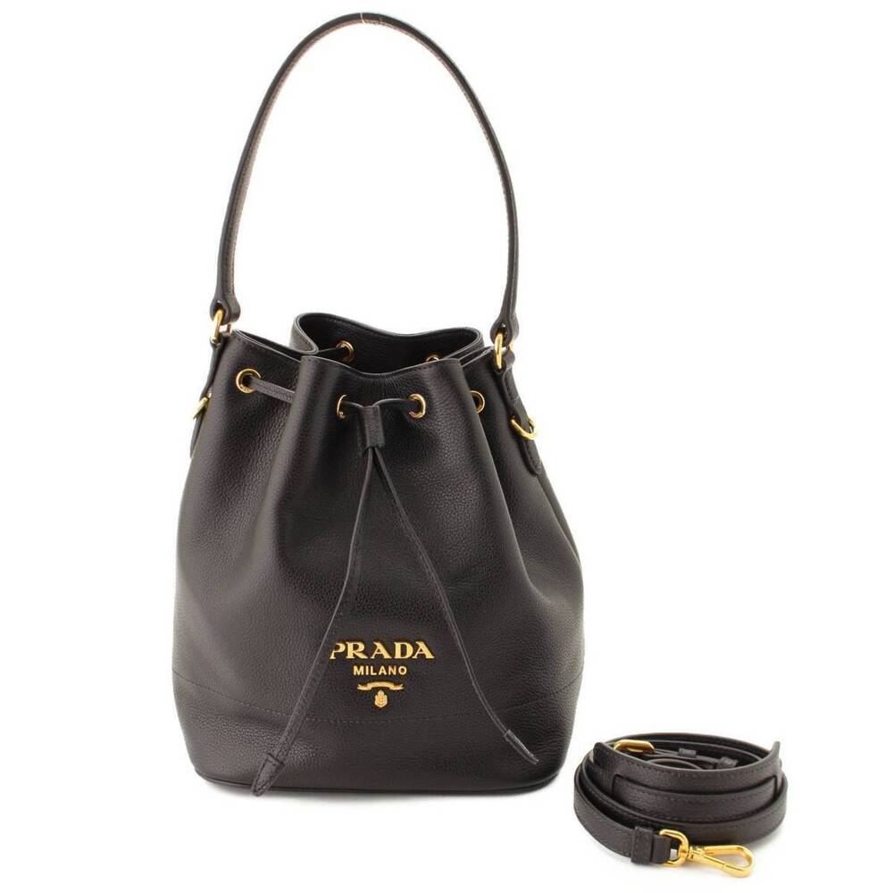 Prada Drawstring Leather Handbag Bucket Black